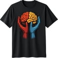 thumbnail image 1 of Unique Black T-Shirt with Split Brain Design Red & Yellow Brain Held by Red & Blue Hands Abstract Background, 1 of 5