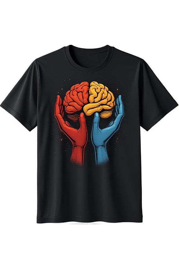 Unique Black T-Shirt with Split Brain Design Red & Yellow Brain Held by Red & Blue Hands Abstract Background