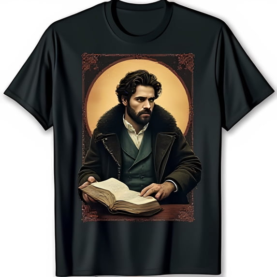 Unique Black T-Shirt with Vintage Man in Coat Graphic & Historical Theme
