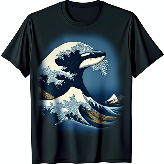 Unique Black T-Shirt with Whale Cresting Iconic Wave Graphic