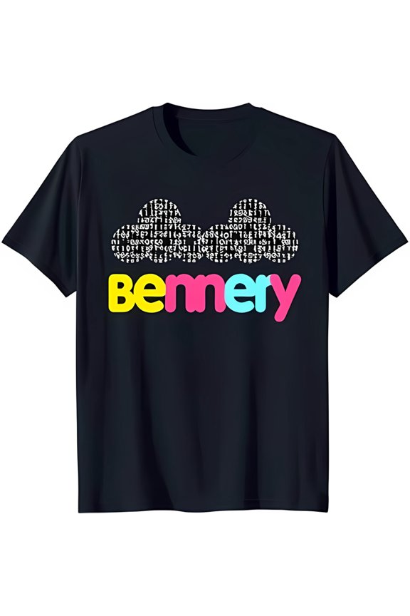 Unique Black T-Shirt with White Number Cloud Graphic & Colorful 'Bemery' Design