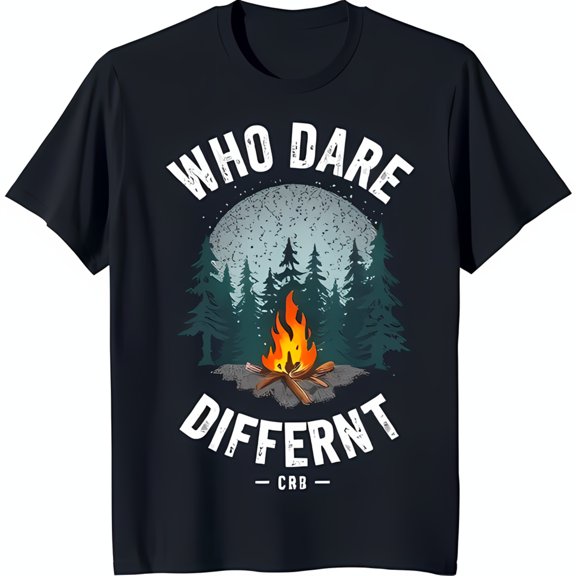 Unique Black T-Shirt with Who Dare Different Graphic & Campfire Design