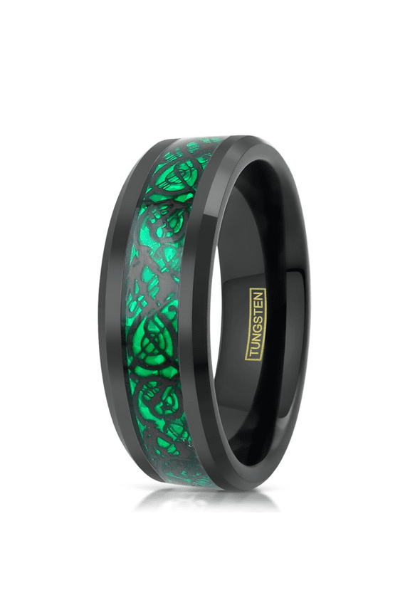 Unique Black Tungsten Carbide Wedding Band Ring for Men & Women – Green Celtic Dragon Design
