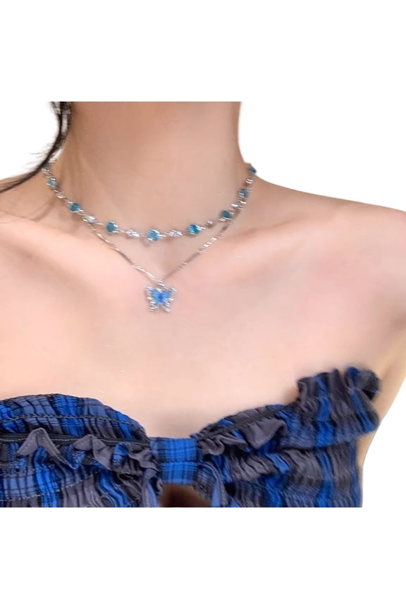 Unique Blue Crystal Zircon Butterfly Necklace Double Layer Clavicle Chain Date Night Jewelry Party Accessory for Women
