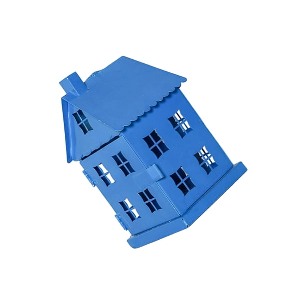 Unique Blue Finish Metal House Shape Tealight Candle Holder Hollowout Lanterns for Hanging or Indoor Tabletop Decoration