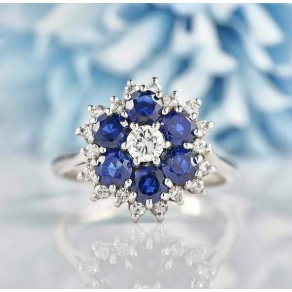 Unique Blue Sapphire Cluster Ring 925Silver Blue Sapphire Flower Ring Wedding Sapphires Ring Engagement Blue Sapphire Halo ring Gift For Her