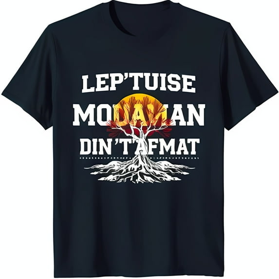 Unique Blue T-Shirt with 'Lep'tuise 'dam Din't Afmat' Design Tree & Sun Graphic in Red