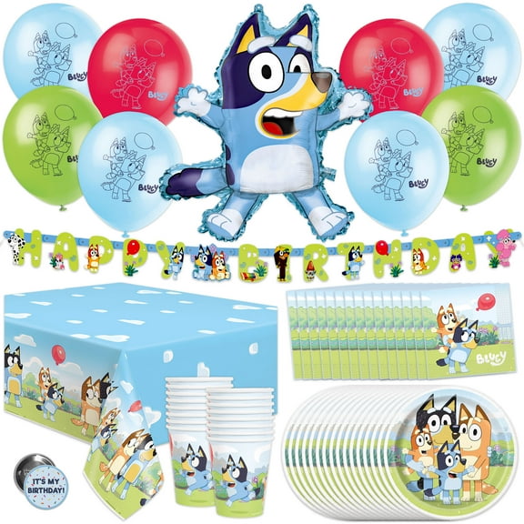 Unique Bluey Birthday Decorations| Party Balloons, Banner, Tablecover, Plates, Napkins, Cups, Button
