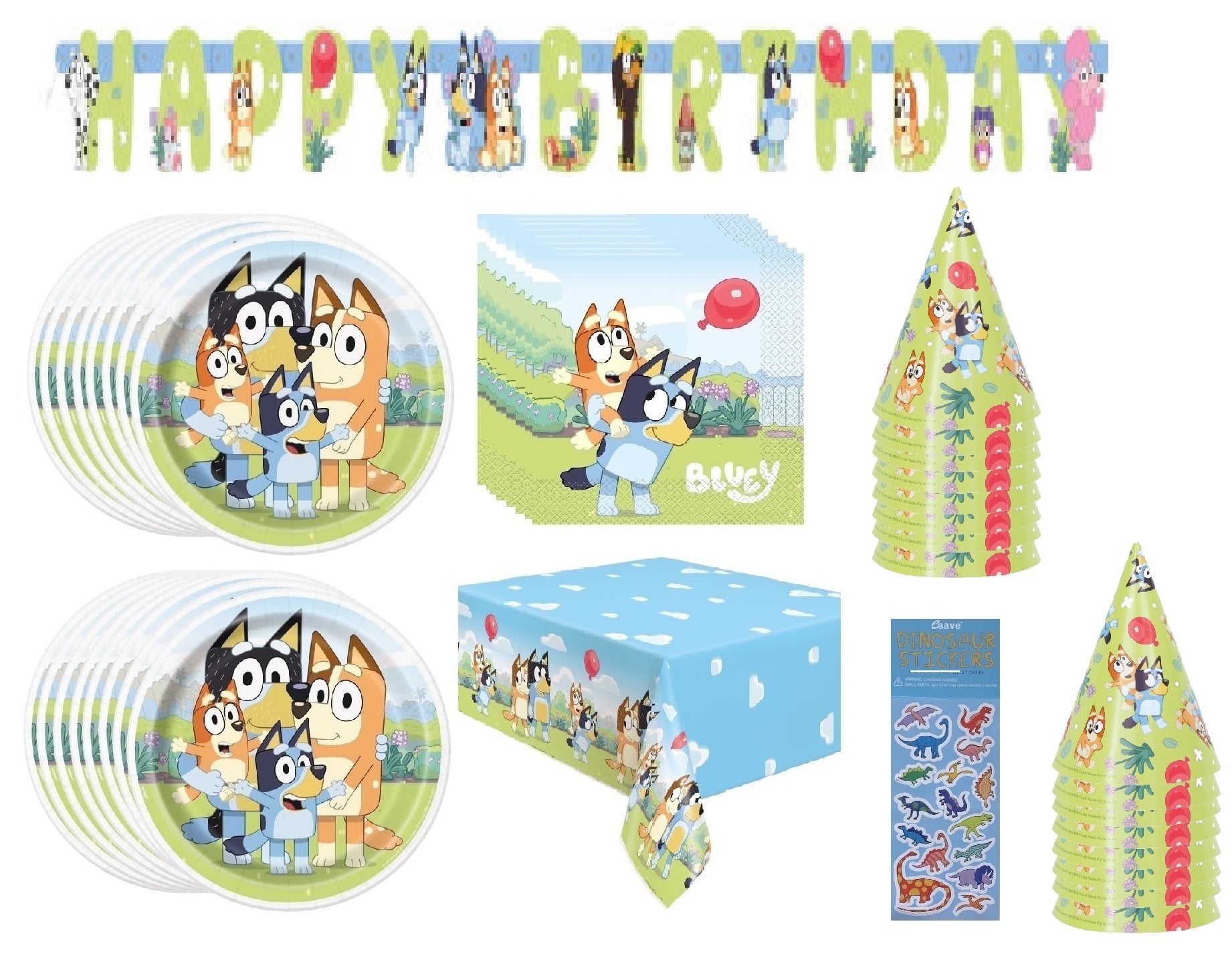 Unique Bluey Birthday Party Supplies Bundle with Party Cone Hats and Sticker Sheet, Serves 16
