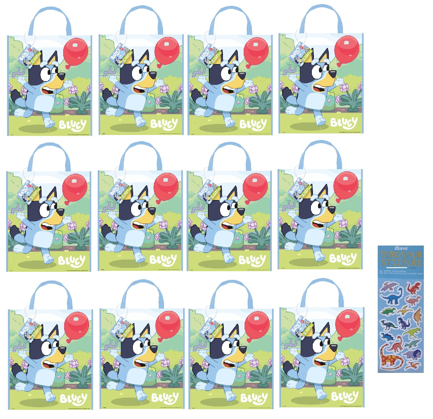 Unique Bluey Birthday Party Supplies Favors Bundle includes 12 Large Plastic Party Favor Tote Bags 13" x 11" and 1 Dinosaur Sticker Sheet