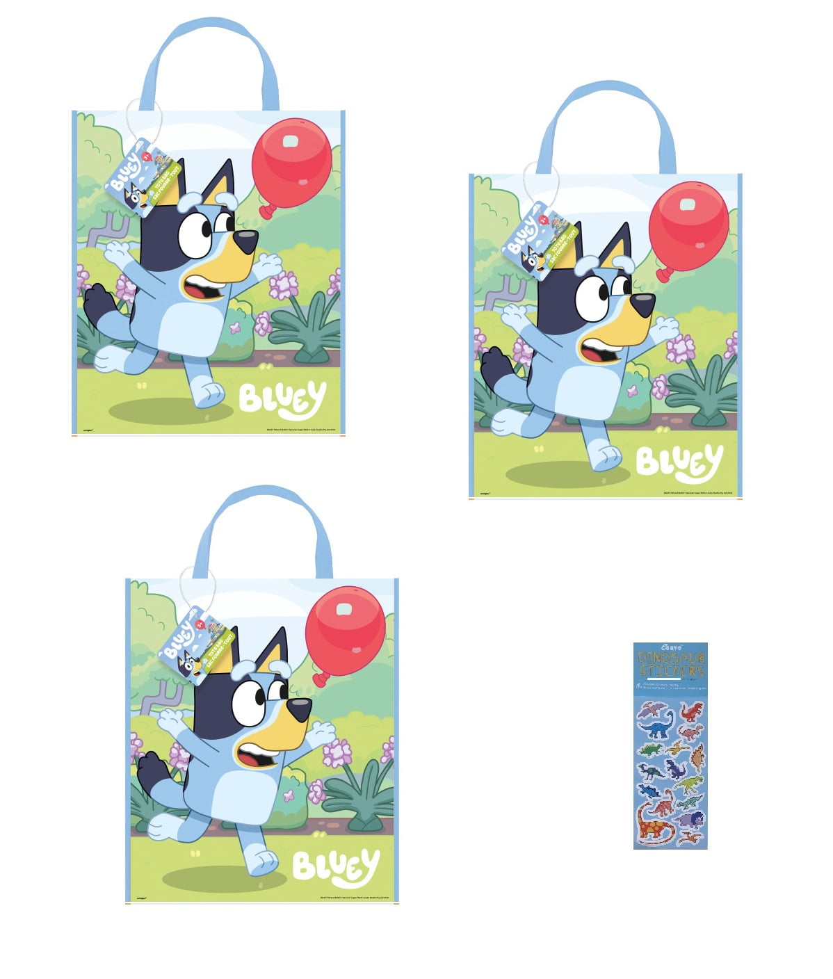 Unique Bluey Birthday Party Supplies Favors Bundle includes 3 Large Plastic Party Favor Tote Bags 13" x 11" and 1 Dinosaur Sticker Sheet