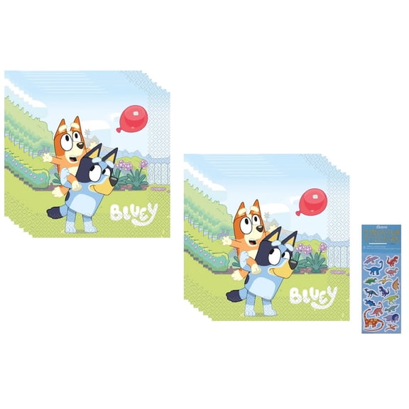 Unique Bluey Dog Birthday Party Supplies Bundle, 32 Lunch Large Napkins 7", 1 Dinosaur Sticker Sheet