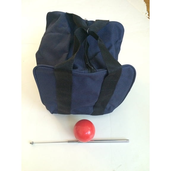 Unique Bocce Accessories Package - Extra Heavy Duty Nylon Bocce Bag (Blue with Black Handles), red pallina, Extendable Measuring Device