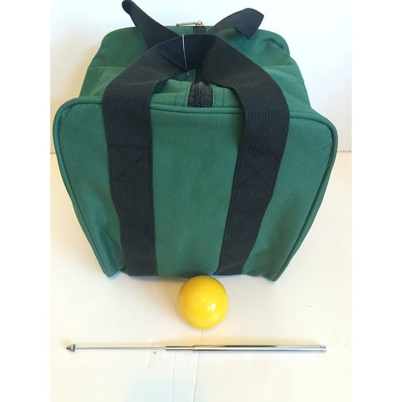 Unique Bocce Accessories Package - Extra Heavy Duty Nylon Bocce Bag (Green with Black Handles), Yellow pallina, Extendable Measuring Device