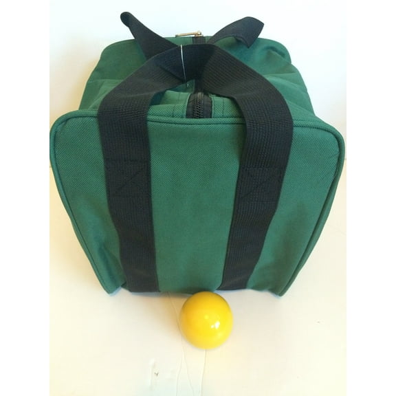 Unique Bocce Accessories Package - Extra Heavy Duty Nylon Bocce Bag (Green with Black Handles) and Yellow pallina