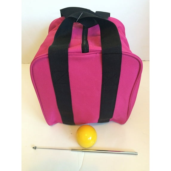 Unique Bocce Accessories Package - Extra Heavy Duty Nylon Bocce Bag (Pink with Black Handles), Yellow pallina, Extendable Measuring Device