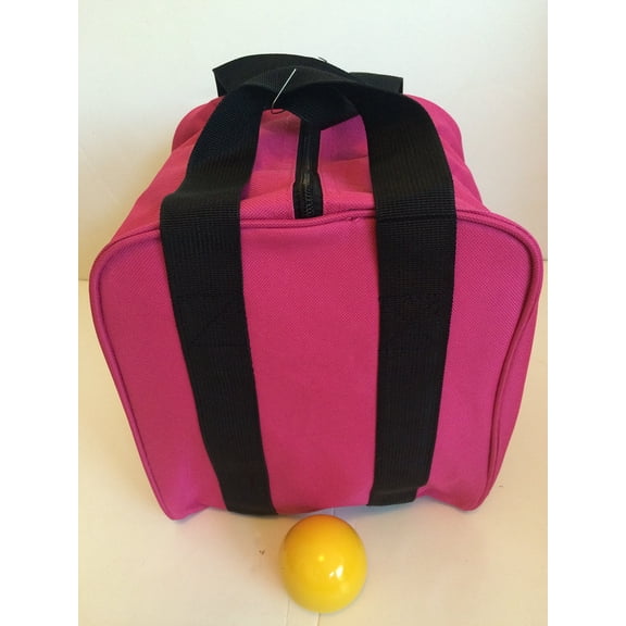 Unique Bocce Accessories Package - Extra Heavy Duty Nylon Bocce Bag (Pink with Black Handles) and Yellow pallina