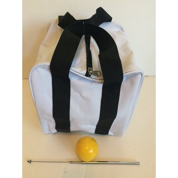 Unique Bocce Accessories Package - Extra Heavy Duty Nylon Bocce Bag (White with Black Handles), Yellow pallina, Extendable Measuring Device