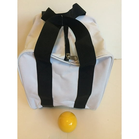 Unique Bocce Accessories Package - Extra Heavy Duty Nylon Bocce Bag (White with Black Handles) and Yellow pallina