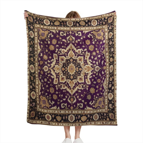 Unique Boho Rug Purple Gold Black Carpet Antique Style Oriental Kermin Rugs Vintage Design Lightweight 50x60 Throw Blanket for Sofas, Home Decor, Travel, Lounging