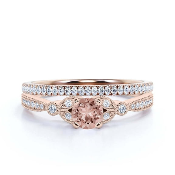 Unique Boho & hippie 2.00 Carat Round Cut Morganite And Diamond Moissanite Engagement Ring, Wedding Ring in 10k Solid Rose Gold, Leaf Ring, Promise Ring, Anniversary Gift, Bridal Set, Matching Band