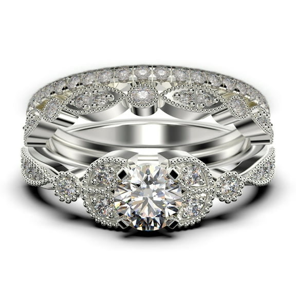 Unique Boho & hippie 2.50 Carat Round Cut Diamond Moissanite Engagement Ring, Wedding Ring in 10k Solid White Gold, Leaf Ring, Promise Ring, Anniversary Gift, Trio Set, Matching Band