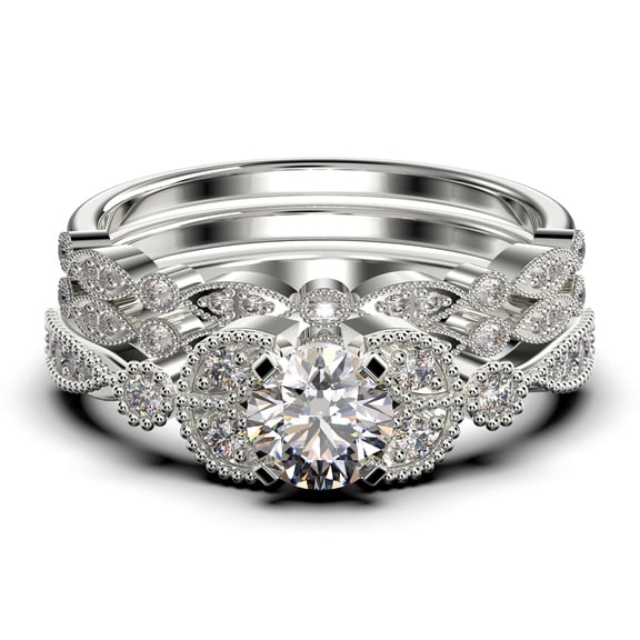 Unique Boho & hippie 2.50 Carat Round Cut Diamond Moissanite Engagement Ring, Wedding Ring in 10k Solid White Gold, Leaf Ring, Promise Ring, Anniversary Gift, Trio Set, Matching Band