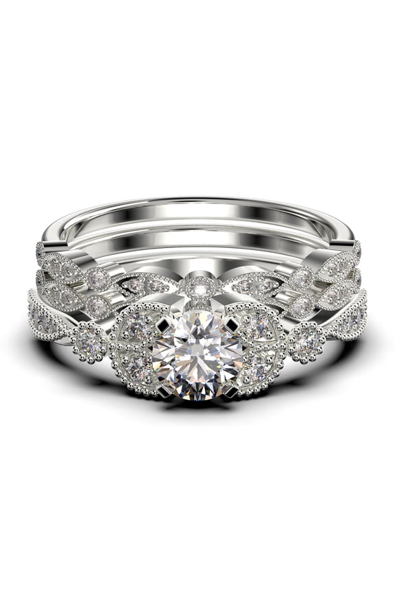 Unique Boho & hippie 2.50 Carat Round Cut Diamond Moissanite Engagement Ring, Wedding Ring in 10k Solid White Gold, Leaf Ring, Promise Ring, Anniversary Gift, Trio Set, Matching Band