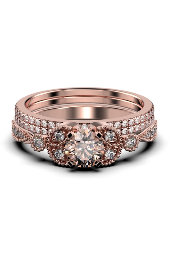 Unique Boho & hippie 2.50 Carat Round Cut Morganite And Diamond Moissanite Engagement Ring, Wedding Ring in 10k Solid Rose Gold, Leaf Ring, Promise Ring, Anniversary Gift, Trio Set, Matching Band