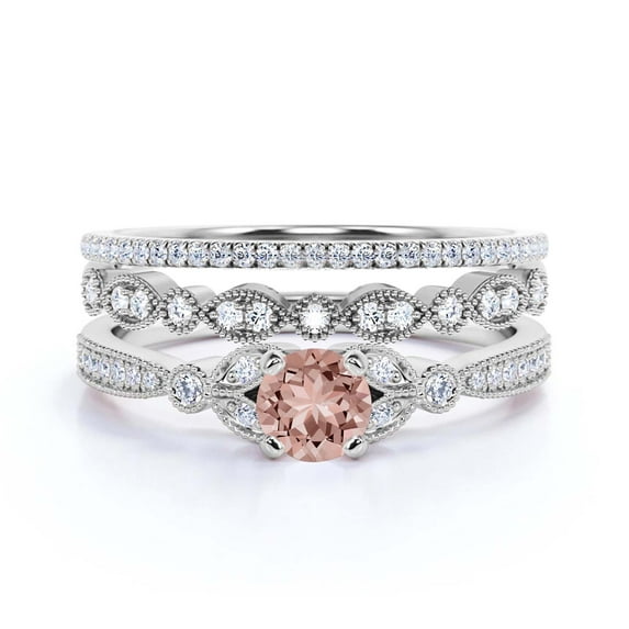 Unique Boho & hippie 2.50 Carat Round Cut Morganite And Diamond Moissanite Engagement Ring, Wedding Ring in 10k Solid White Gold, Leaf Ring, Promise Ring, Anniversary Gift, Trio Set, Matching Band