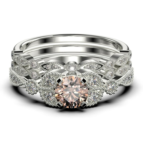 Unique Boho & hippie 2.50 Carat Round Cut Morganite And Diamond Moissanite Engagement Ring, Wedding Ring in 10k Solid White Gold, Leaf Ring, Promise Ring, Anniversary Gift, Trio Set, Matching Band