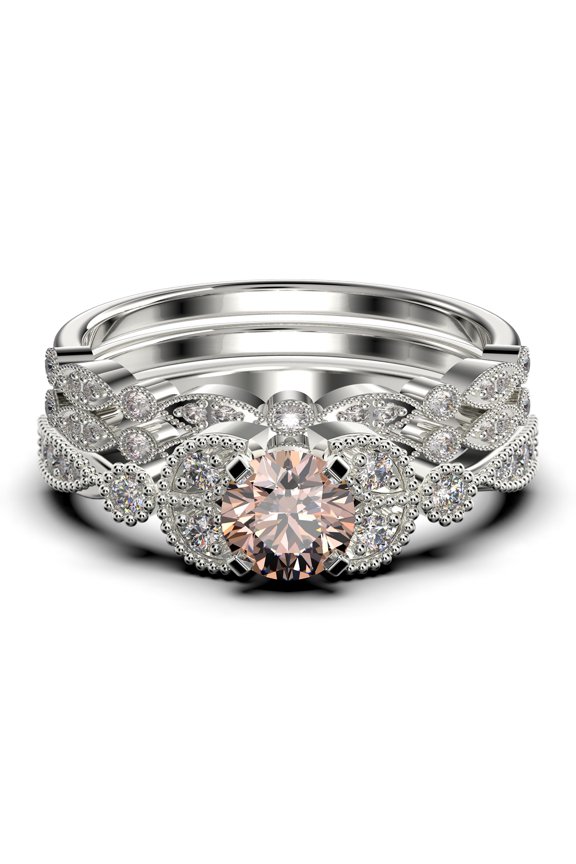 Unique Boho & hippie 2.50 Carat Round Cut Morganite And Diamond Moissanite Engagement Ring, Wedding Ring in 10k Solid White Gold, Leaf Ring, Promise Ring, Anniversary Gift, Trio Set, Matching Band