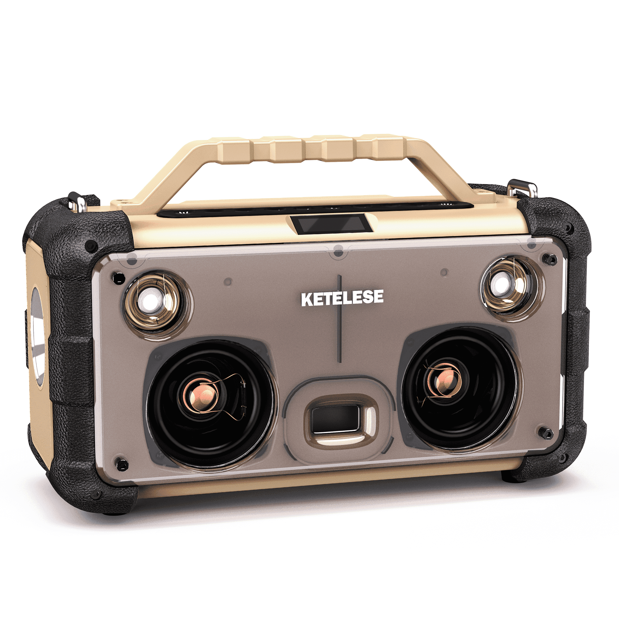 Unique CD Player with 4 Glass Diaphragms Speakers, Portable Bluetooth Speaker Powerful Sound, FM Radio/ AUX Audio/24H Playtime/ 2 Huge LED Lights/ TF Card Slot, for Camping/Backyard/Party
