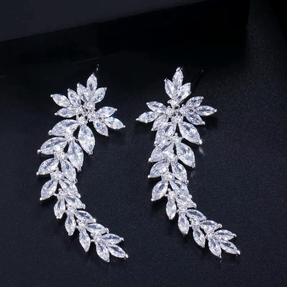 Unique CZ Long Dangle Flower Leaf Drop Earrings 925 Silver Famous Brand Jewelry