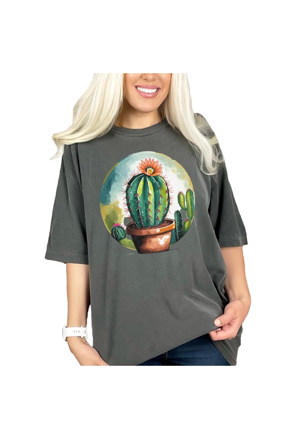 Unique Cactus T-Shirt, Watercolor Succulent Tee, Artistic Botanical Shirt, Blooming Cactus Design, Nature Inspired Clothing, Pepper Comfort Colors T-Shirt, XL