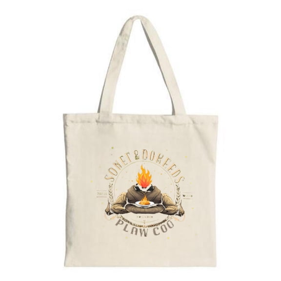 Unique Canvas Tote Bag featuring a whimsical design of a person with a fire on their head perfect for shopping travel and parties