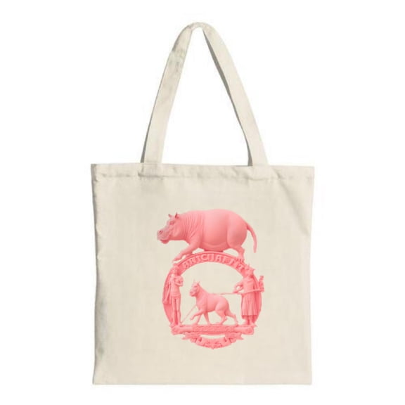 Unique Canvas Tote Bag featuring a whimsical pink hippopotamus and dog surrounded by classical figures on a light beige background