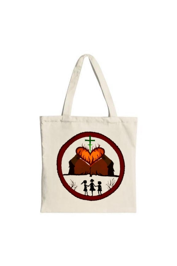 Unique Canvas Tote Bag with Heart-Shaped Figures and Green Cross Design Perfect for Shopping Travel and Parties