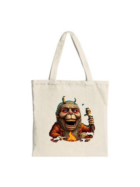 Unique Cartoon Creature Tote Bag - Monkey with Red Eyes Teeth Orange Robe Campfire Design Perfect for Parties & Shopping