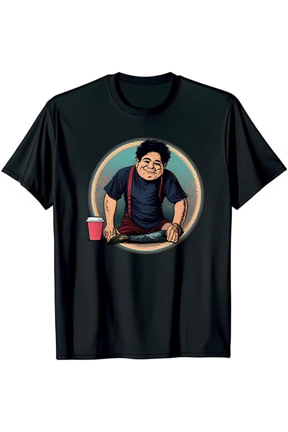 Unique Cartoon Man with Fish Graphic Black T-Shirt Playful Design Eye Catching Art