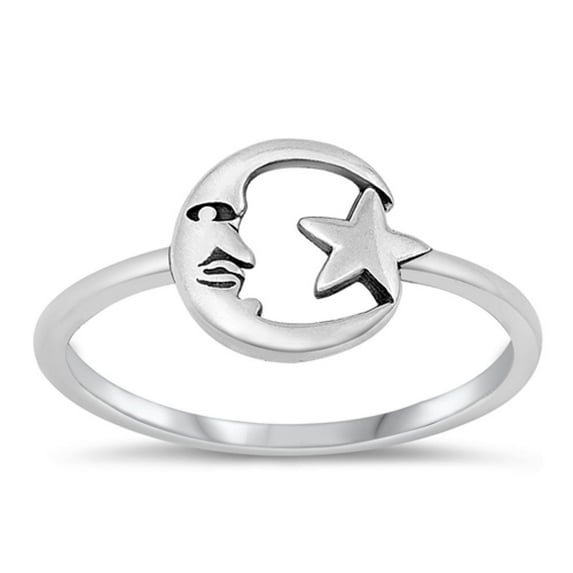Unique Celestial Ring .925 Sterling Silver Crescent Moon Star Band Jewelry Female Male Size 10