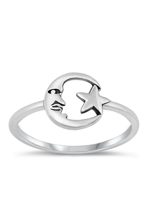Unique Celestial Ring .925 Sterling Silver Crescent Moon Star Band Jewelry Female Male Unisex Size 5