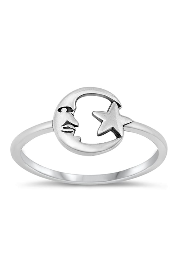Unique Celestial Ring .925 Sterling Silver Crescent Moon Star Band Jewelry Female Male Unisex Size 7
