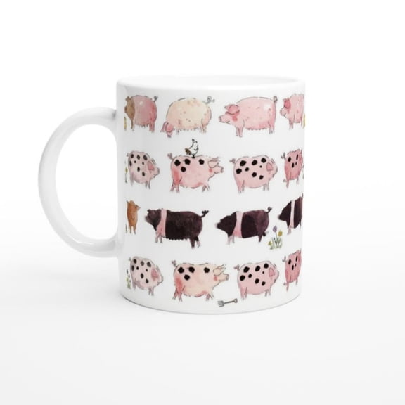 Unique Ceramic Mug Featuring Different Breeds of Pig Designs.
