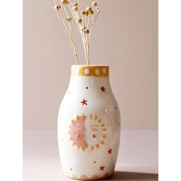 Unique Ceramic Vase, Cute Boho Decor, Small Cream Vase for Dried Flowers or Single Bud - Sun and Moon Face Design