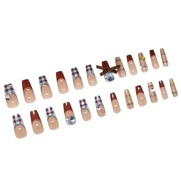 Unique Checkered Pattern Press On Nails With Bows Embellishments 24 Pieces False Nails For Stylish Women and Girls