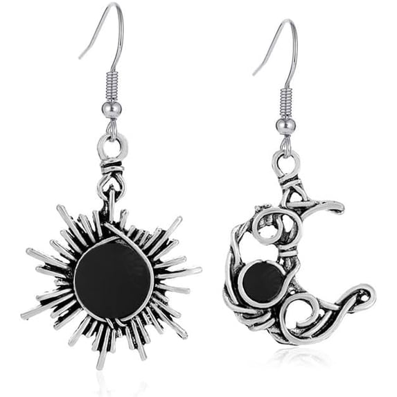 Unique Chic Abstract Hollow Black Vintage Silver Asymmetry Moon Star Sun Dangle Drop Earrings For Women Sun Moon Earrings Bohemian Abstract Hollow Natural Moonstone Earrings Jewelry Gift