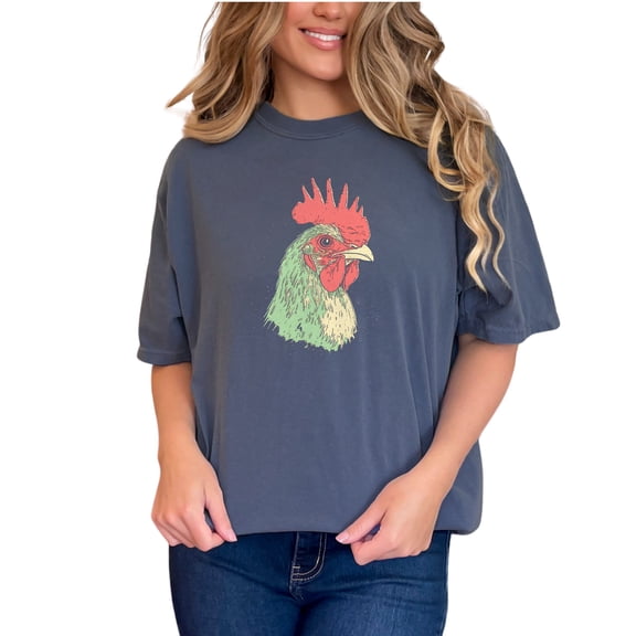 Unique Chicken Art T-Shirt, Funny Farm Animal Tee, Vintage Rooster Design Shirt, Quirky Graphic Tee, Chicken Lover Gift, Farmhouse Chic, Denim Comfort Colors T-Shirt, Small