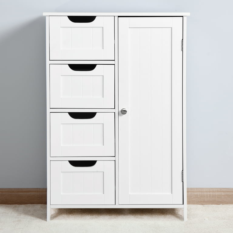 Wooden 4 Drawer Bathroom Storage Cabinet with Adjustable Shelve - White