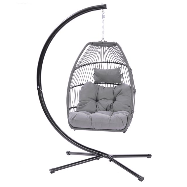 Unique Choice Foldable Wicker Hanging Egg Chair with Stand, Cushion and